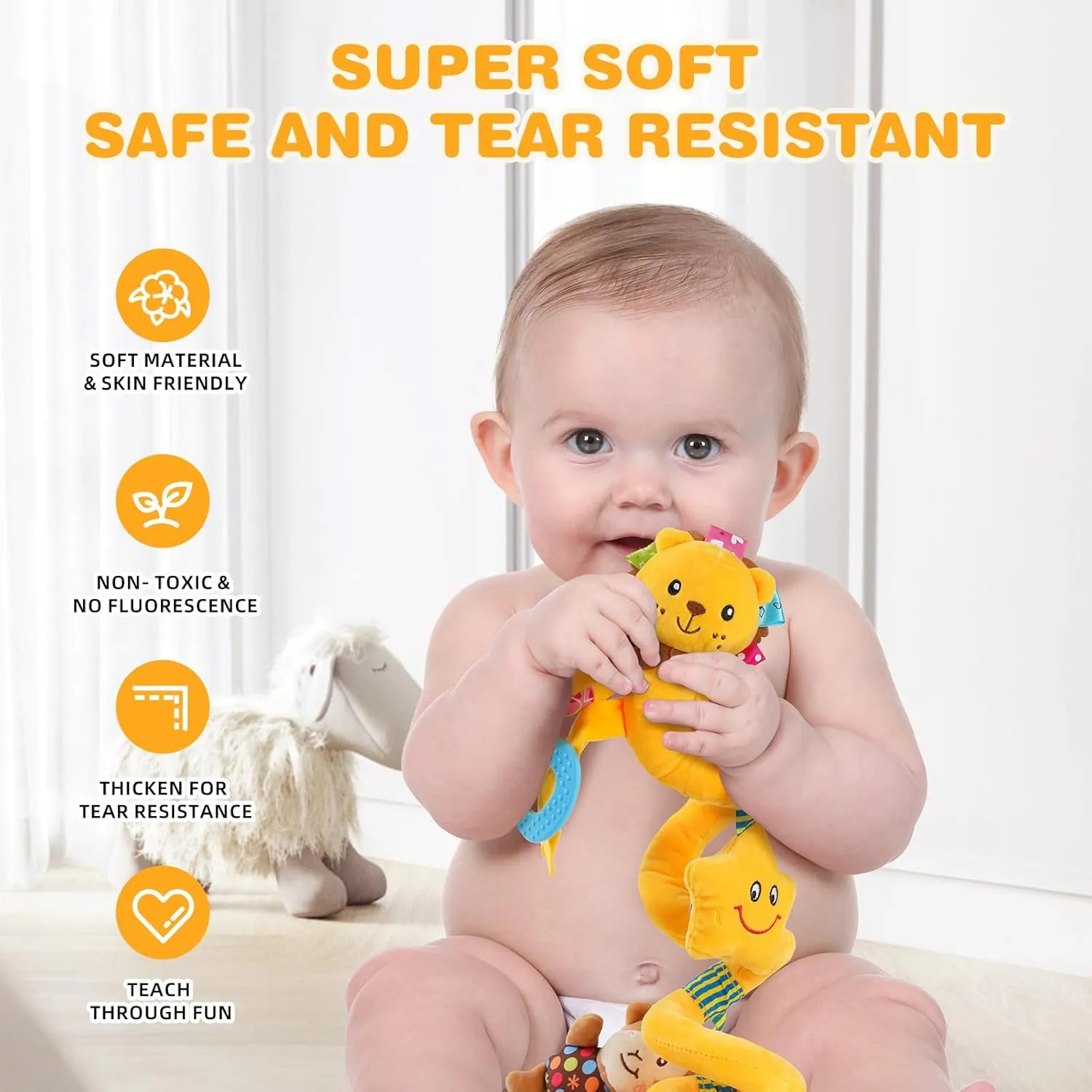 Jollybaby Baby Car Seat Stroller Toys, Plush Activity Hanging Spiral Activity Pram Crib with Music Box, Rattles, Squeaker for Babies Infant Boys Girls(Little Lion)