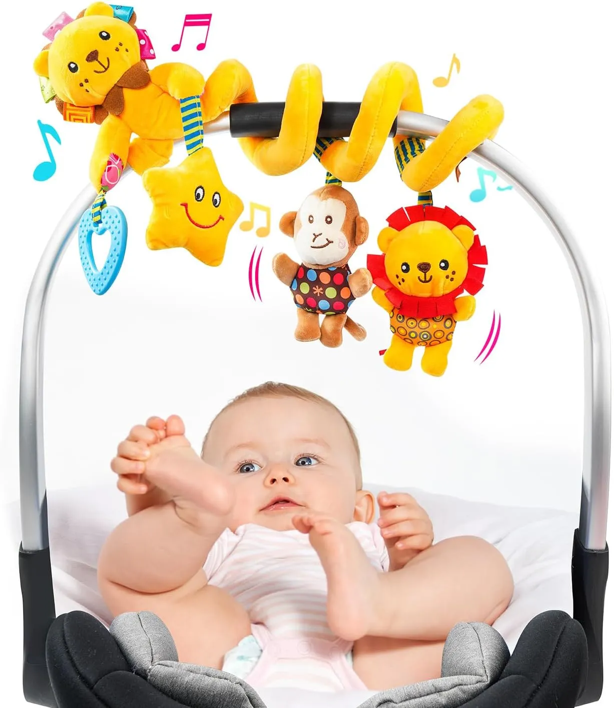 Jollybaby Baby Car Seat Stroller Toys, Plush Activity Hanging Spiral Activity Pram Crib with Music Box, Rattles, Squeaker for Babies Infant Boys Girls(Little Lion)