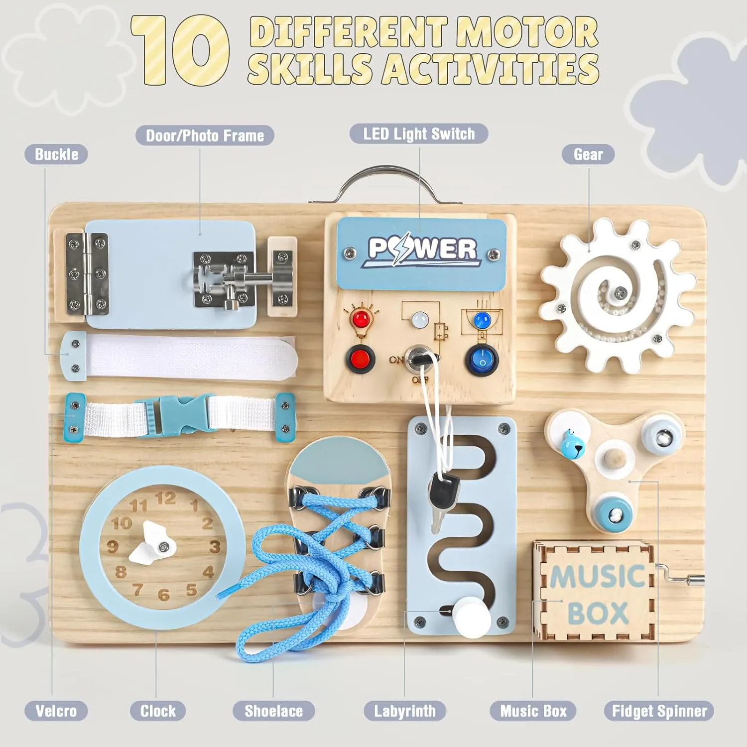 Joyreal Busy Board Montessori Toys with LED Lights, Autism Sensory Travel Toys, Fidget Board Ideal Gift for Boys Girls Wooden Toddler Toys