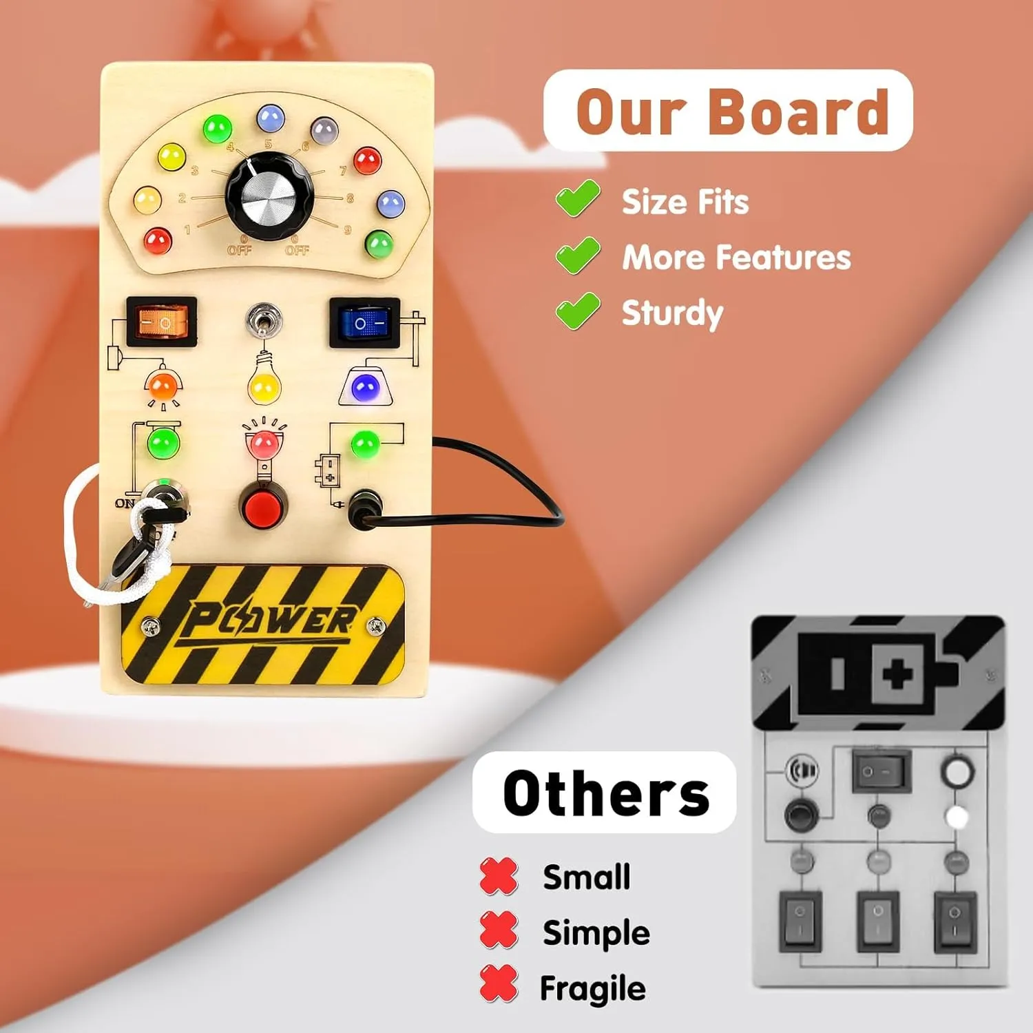 Joyreal Toddler Busy Board, Wooden Montessori Busy Board Sensory Board with LED Light Switch, Sensory Toys Baby Fidget Board Travel Toys for Toddler