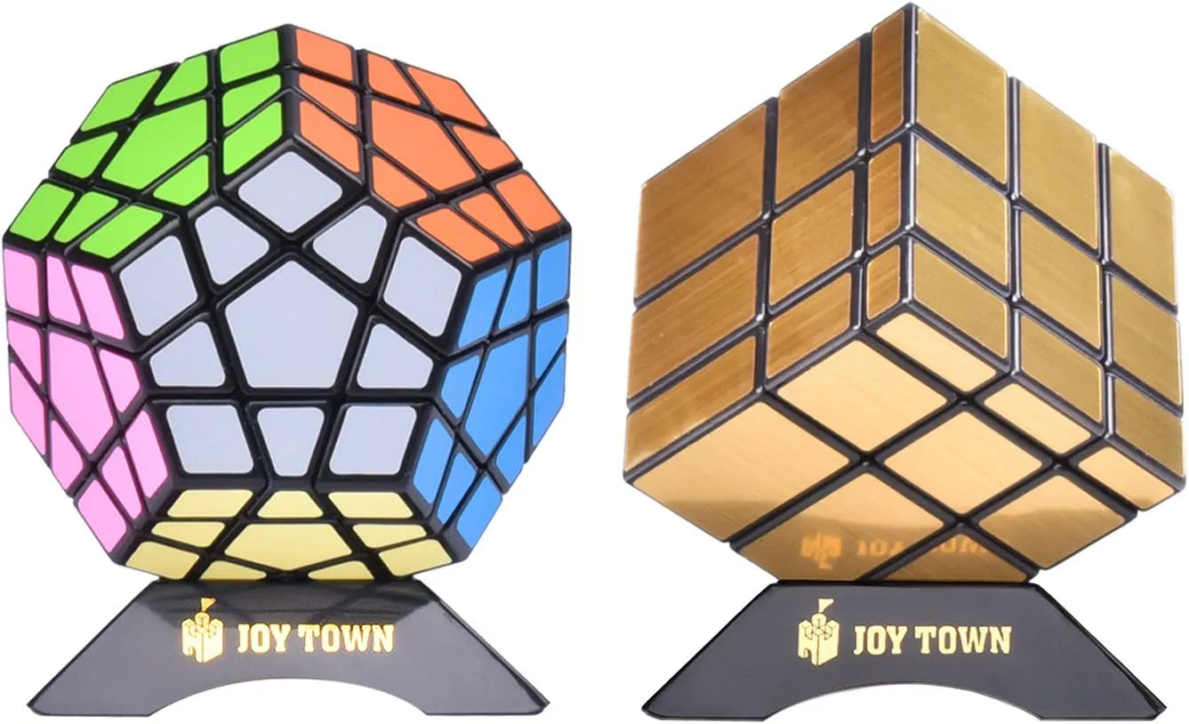 JoyTown Bundle Pack Speed Cube Set of 2 Megaminx Speedcubing, Gold Mirror Cube Twisty Puzzle, with Bonus Stands and Screwdriver Black
