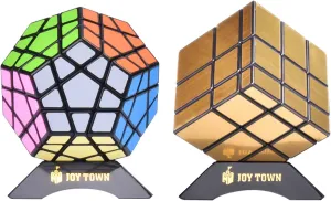 JoyTown Bundle Pack Speed Cube Set of 2 Megaminx Speedcubing, Gold Mirror Cube Twisty Puzzle, with Bonus Stands and Screwdriver Black