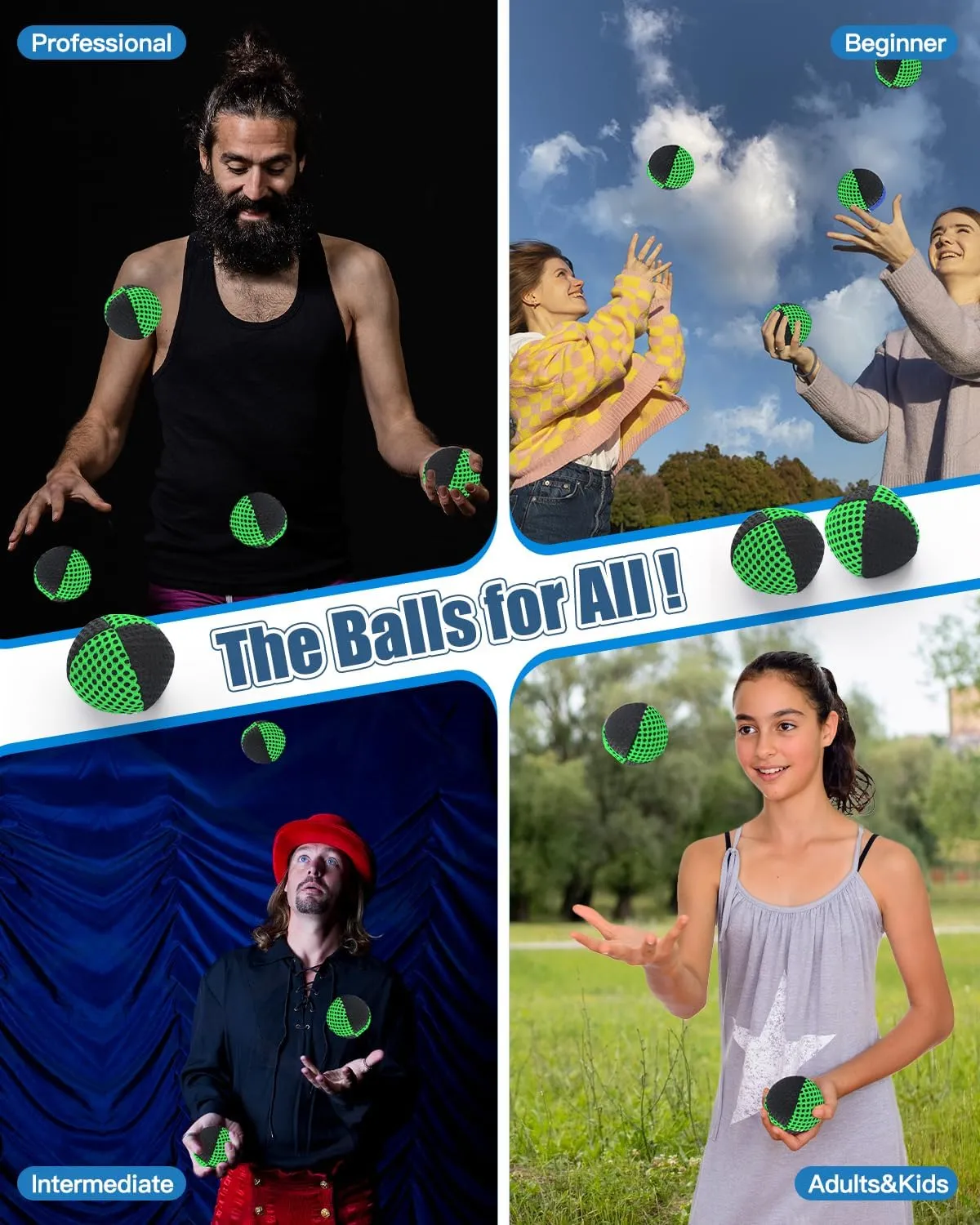 Juggling Balls for Beginners and Professionals Set of Juggling Bean Bags Durable Juggle Ball Kit (Black - Green)