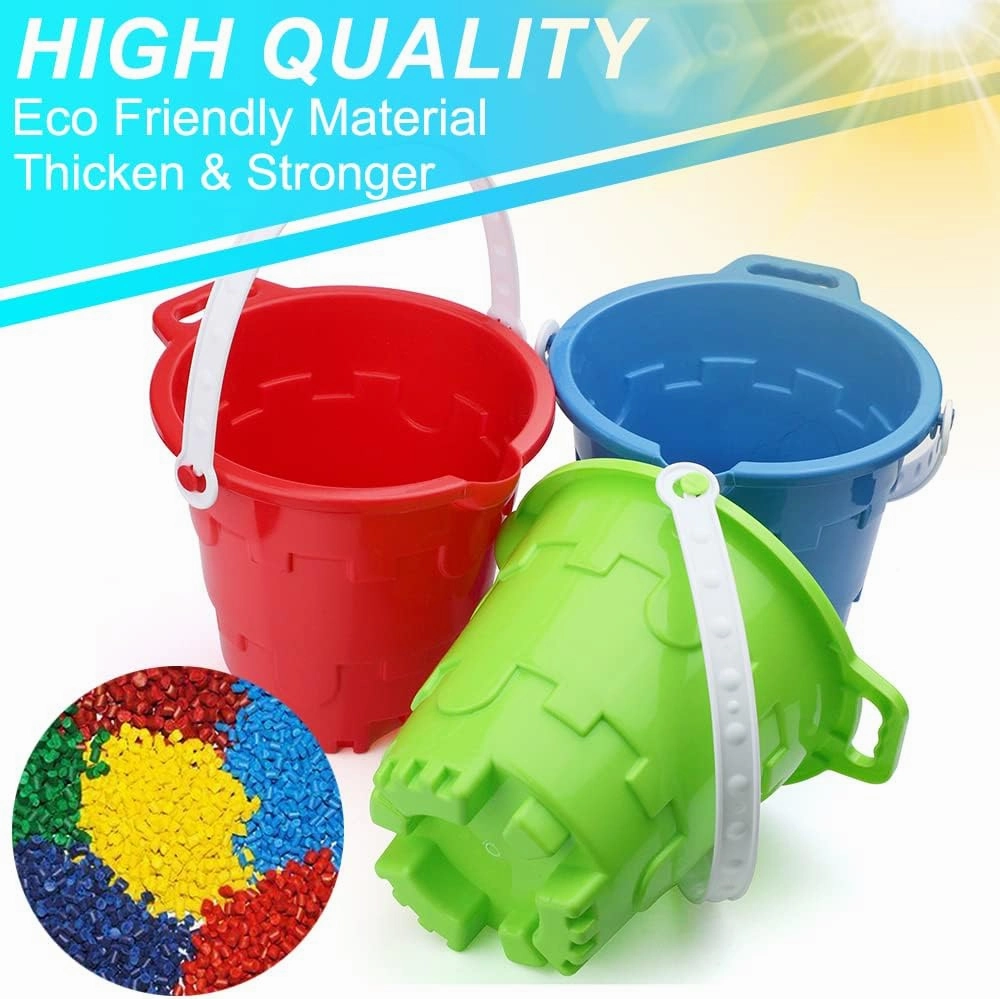 Jumbo Castle Model Beach Gear 7" Large Sand Buckets Pails Beach Water Pool Gardening Bath Toy Environmentally ABS Durable Thick Plastic Complete Gift Set Bundle For Kids Boys Girls- 3 Pack Green Blue