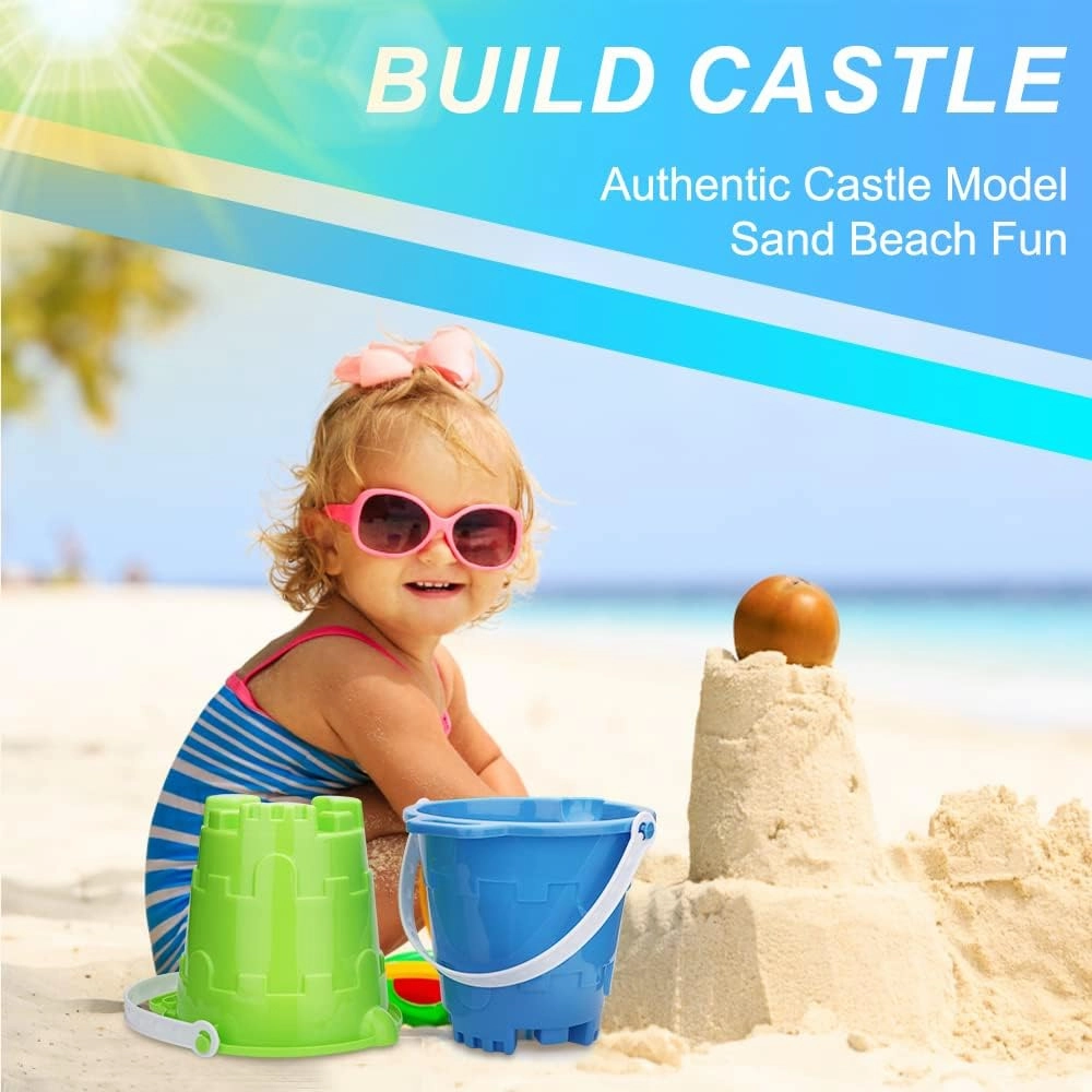 Jumbo Castle Model Beach Gear 7" Large Sand Buckets Pails Beach Water Pool Gardening Bath Toy Environmentally ABS Durable Thick Plastic Complete Gift Set Bundle For Kids Boys Girls- 3 Pack Green Blue