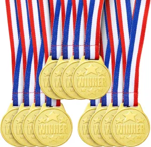 Juvale 12 Pack Gold Winning Participation Medal Awards for Contests with Neck Ribbon for Sports, Competitions, Tournaments, Spelling Bees, Olympic Style for Kids and Adults (Metal, 1.5 Inches)