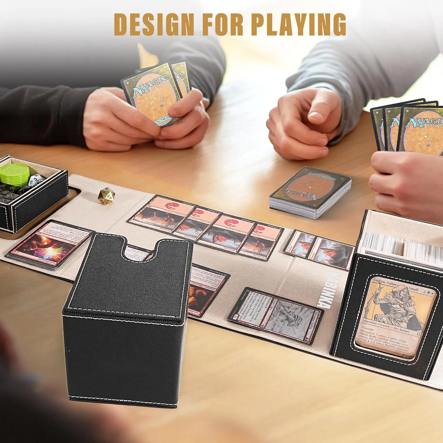 Kabinka Deck Box for MTG with Commander Display, 3 in 1 Trading Card Storage Box Fit 200 Double-sleeved Cards, Removable Deck Case for TCG/Sports Cards with 2 Magnetic Card Holders (Black Gold)
