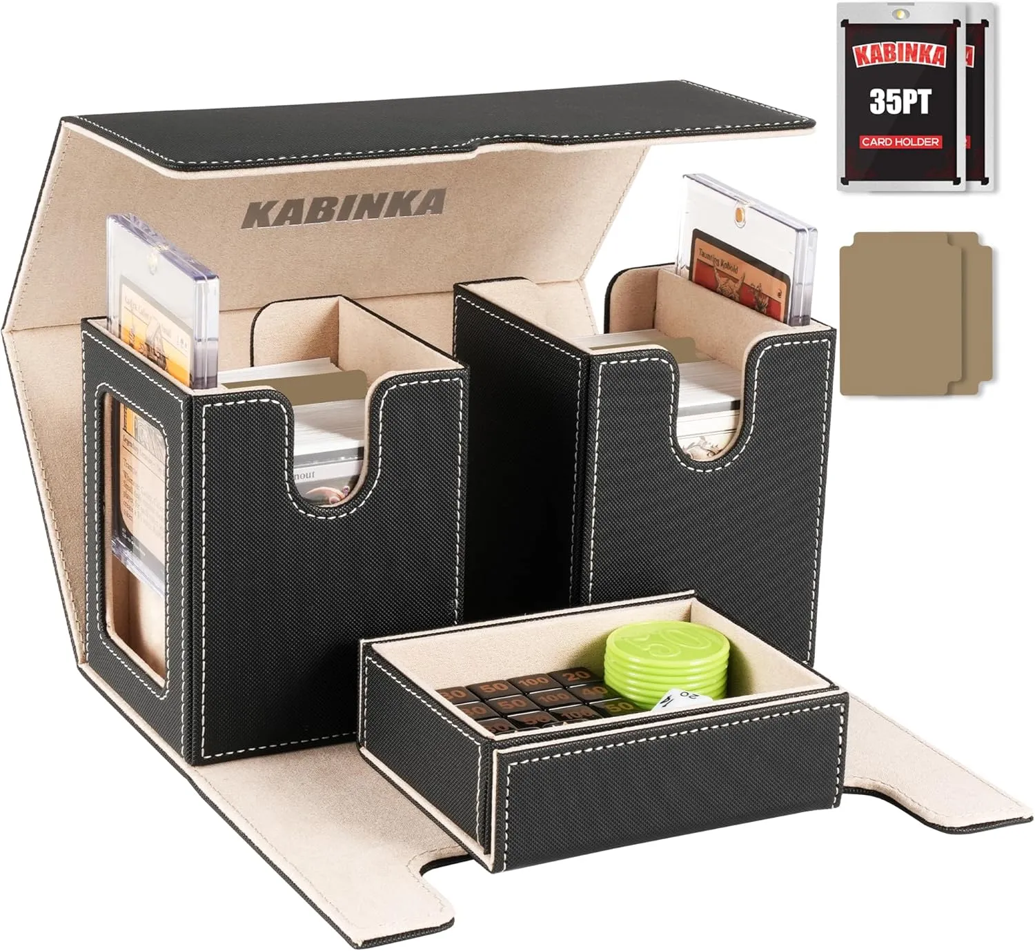 Kabinka Deck Box for MTG with Commander Display, 3 in 1 Trading Card Storage Box Fit 200 Double-sleeved Cards, Removable Deck Case for TCG/Sports Cards with 2 Magnetic Card Holders (Black Gold)