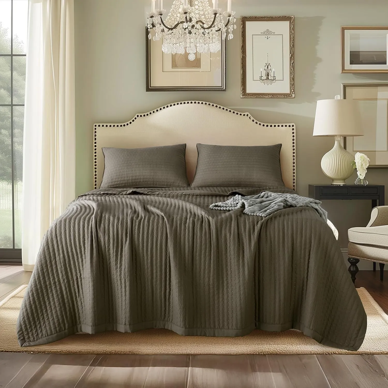 KASENTEX Cub Brown Oversized King Size Quilt Bedding Sets with Pillow-Shams, Lightweight Soft Bedspread Coverlet, Durable Stitched - Quilted Blanket Thin Comforter Bed Cover, 3 Pieces, 112x106 inches
