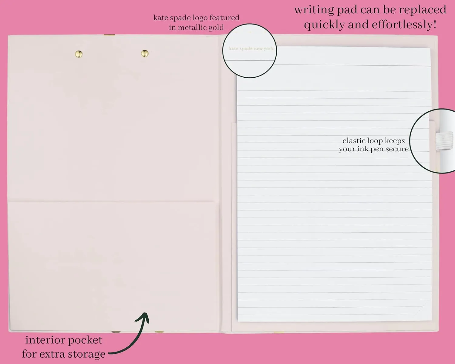 Kate Spade New York A4 Clipboard Folio with Low Profile Clip, Professional Padfolio Includes Lined Notepad, Pen Loop, and Pocket, Gold Dot with Script