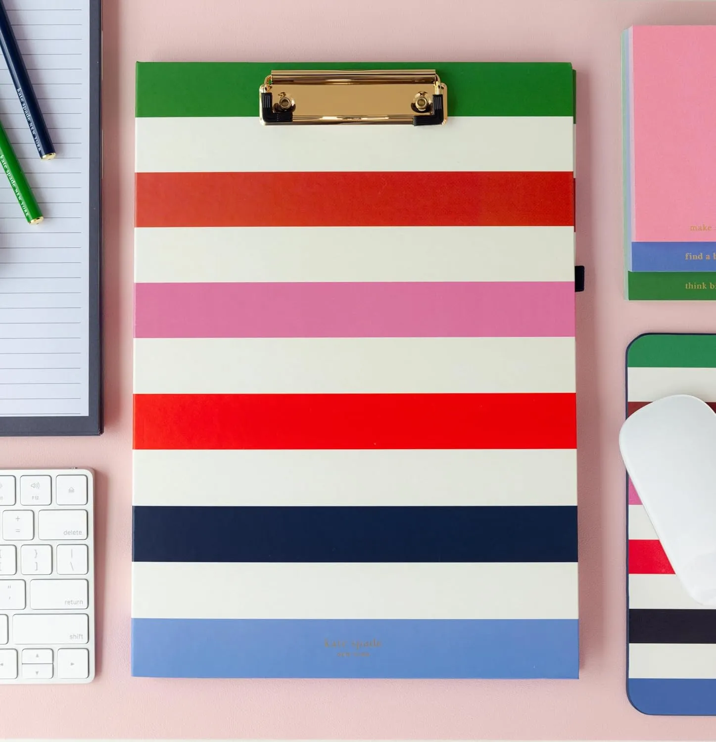 kate spade new york Clipboard Folio with Low Profile Clip, Professional Padfolio Includes Lined Notepad, Pen Loop, and Pocket, Adventure Stripe (237048)