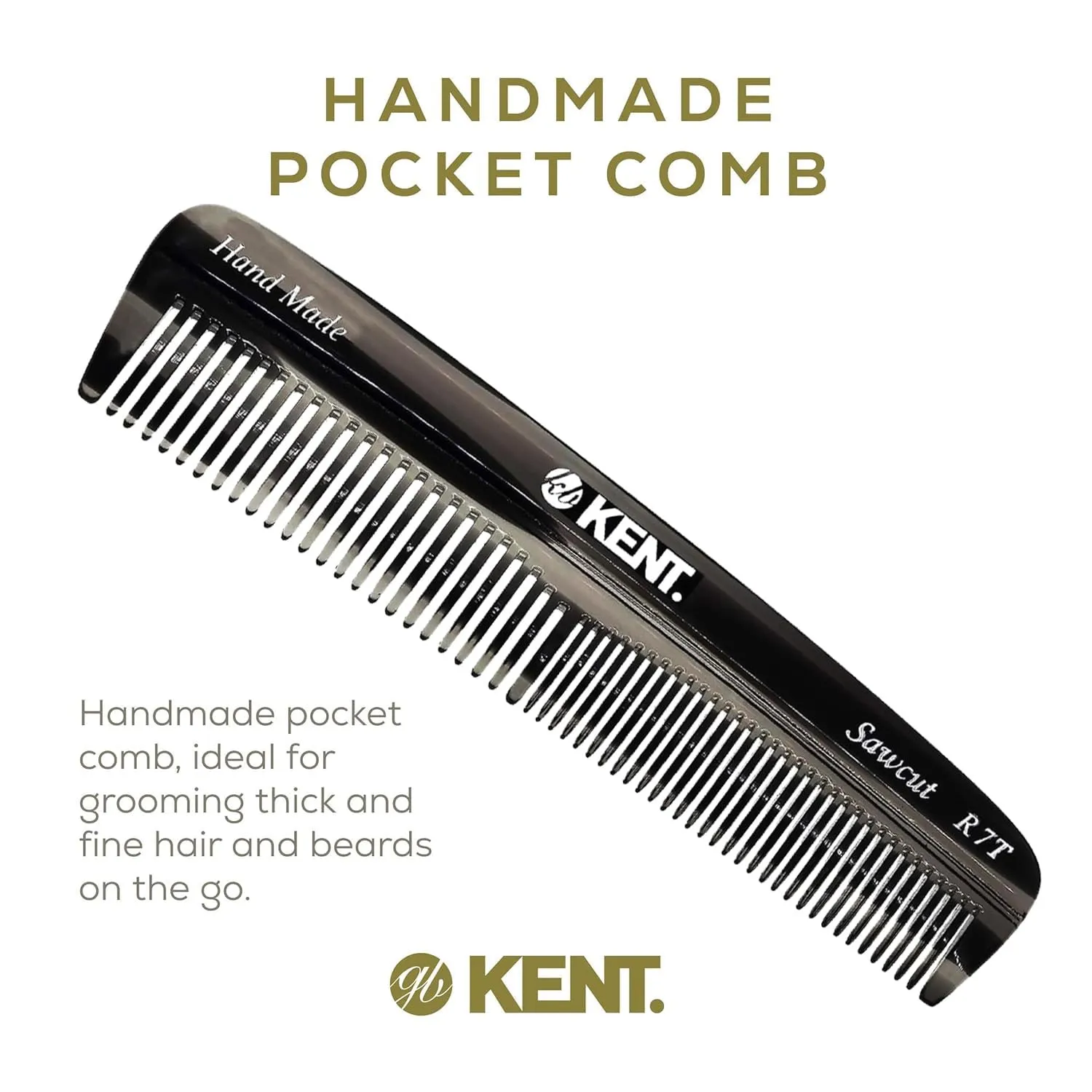 Kent R7T Graphite Double Tooth Hair Pocket Comb, Small Fine/Wide Tooth Comb For Grooming Styling Hair, Beard and Mustache, for Men, Women and Kids. Saw Cut and Hand Polished. Handmade in England
