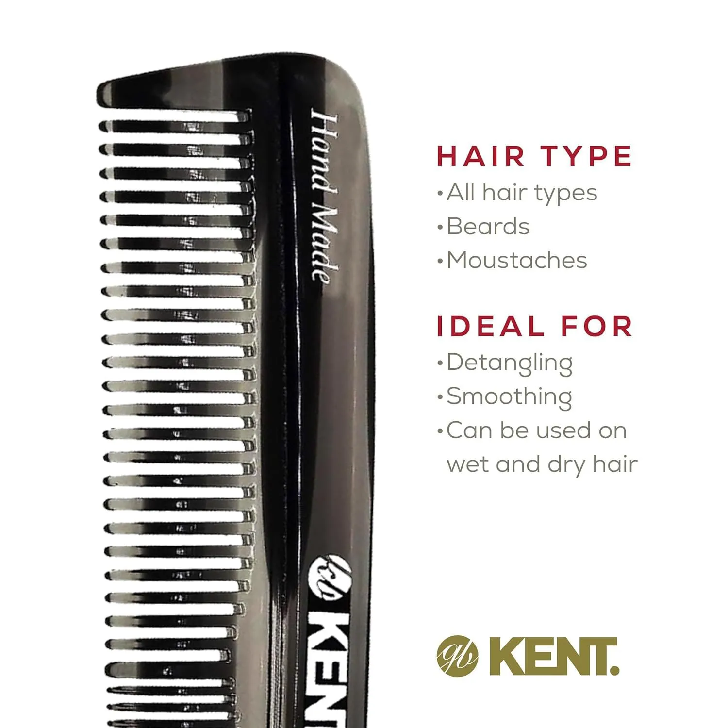 Kent R7T Graphite Double Tooth Hair Pocket Comb, Small Fine/Wide Tooth Comb For Grooming Styling Hair, Beard and Mustache, for Men, Women and Kids. Saw Cut and Hand Polished. Handmade in England