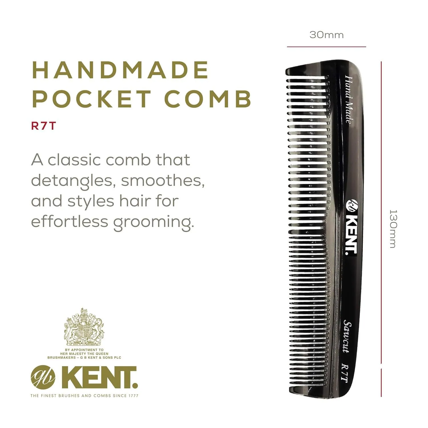Kent R7T Graphite Double Tooth Hair Pocket Comb, Small Fine/Wide Tooth Comb For Grooming Styling Hair, Beard and Mustache, for Men, Women and Kids. Saw Cut and Hand Polished. Handmade in England