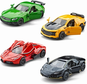 KIDAMI Racing Cars Die-cast Metal Toy Cars Set, Mini Toddler Toy Vehicle with Openable Doors, Pull Back Car, Gift Pack for Kids (4 Pack)