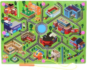 Kids Maze Wooden Puzzle Activity Magnet Toys Beads Board Game Play Set for Boys Girls Learning Education Toy with Magnetic Wand for Toddlers Infants Preschool Children (City Traffic)