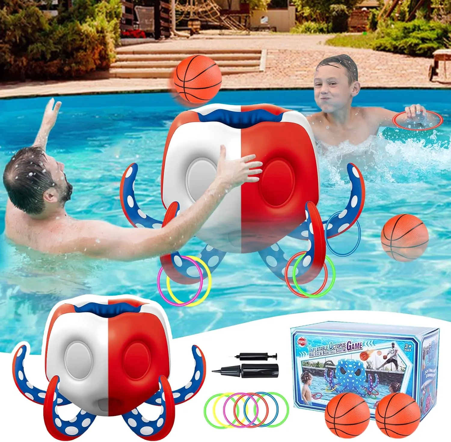 Kids Octopus Pool Toys, 2-in-1 Inflatable Basketball Hoop Ring Toss Outside Games, Toddler Indoor Outdoor Water Play, Cool Summer Beach Family Party Gift 3 4 5 6 7 8 Yr Old Boy Girl Teen