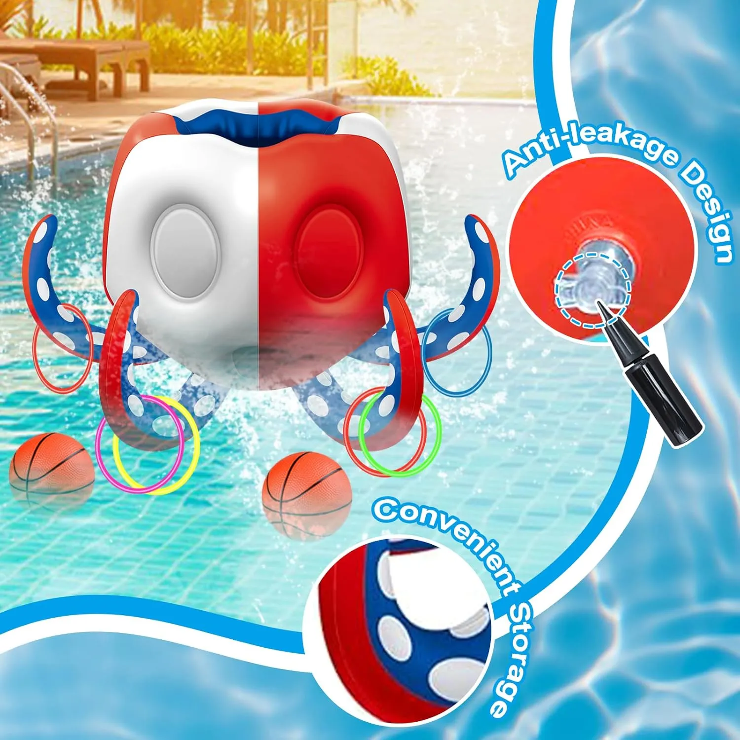 Kids Octopus Pool Toys, 2-in-1 Inflatable Basketball Hoop Ring Toss Outside Games, Toddler Indoor Outdoor Water Play, Cool Summer Beach Family Party Gift 3 4 5 6 7 8 Yr Old Boy Girl Teen