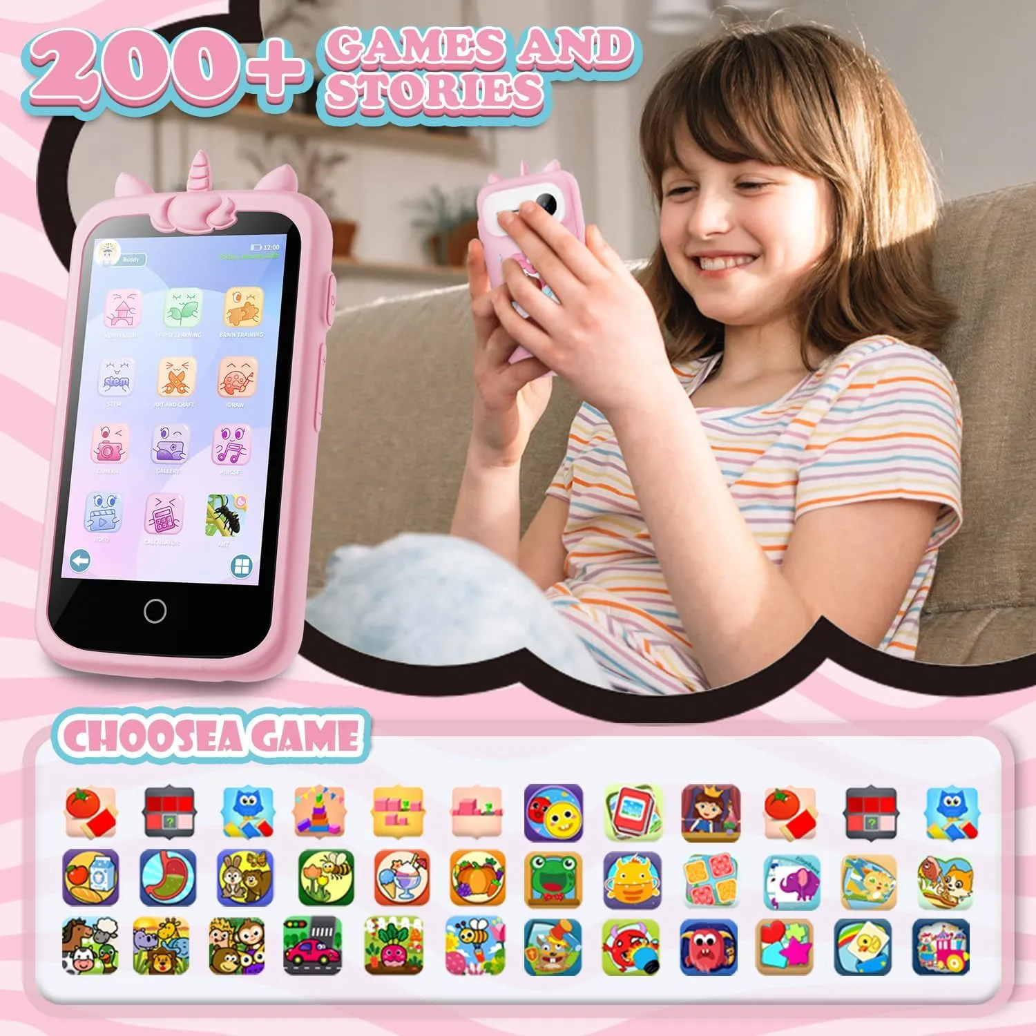 Kids Smart Phone for Girls Toys, 3.97" Touchscreen Kids Cell Phone , Christmas Birthday Gifts for Girls Age 3-12 Kids, Toddler Learning Play Toy Phone, 8GB Card Pink