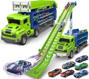 Kids Toys for 2 3 4 5 6 7 8 Years Old Boys, Carrier Truck Transport Car Toys, Foldable 2 Layer Car Race Track Playset with 46-in Race Track, 6 Metal Toy Cars, Birthday Toy Gift for Toddler Boys Girls