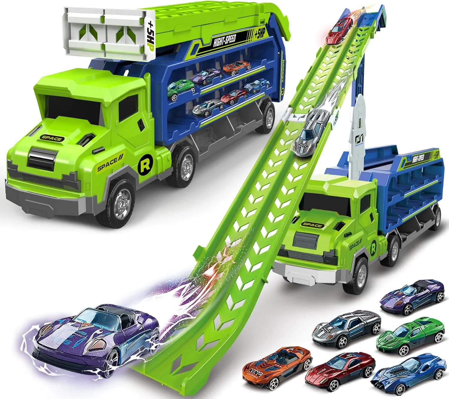 Kids Toys for 2 3 4 5 6 7 8 Years Old Boys, Carrier Truck Transport Car Toys, Foldable 2 Layer Car Race Track Playset with 46-in Race Track, 6 Metal Toy Cars, Birthday Toy Gift for Toddler Boys Girls