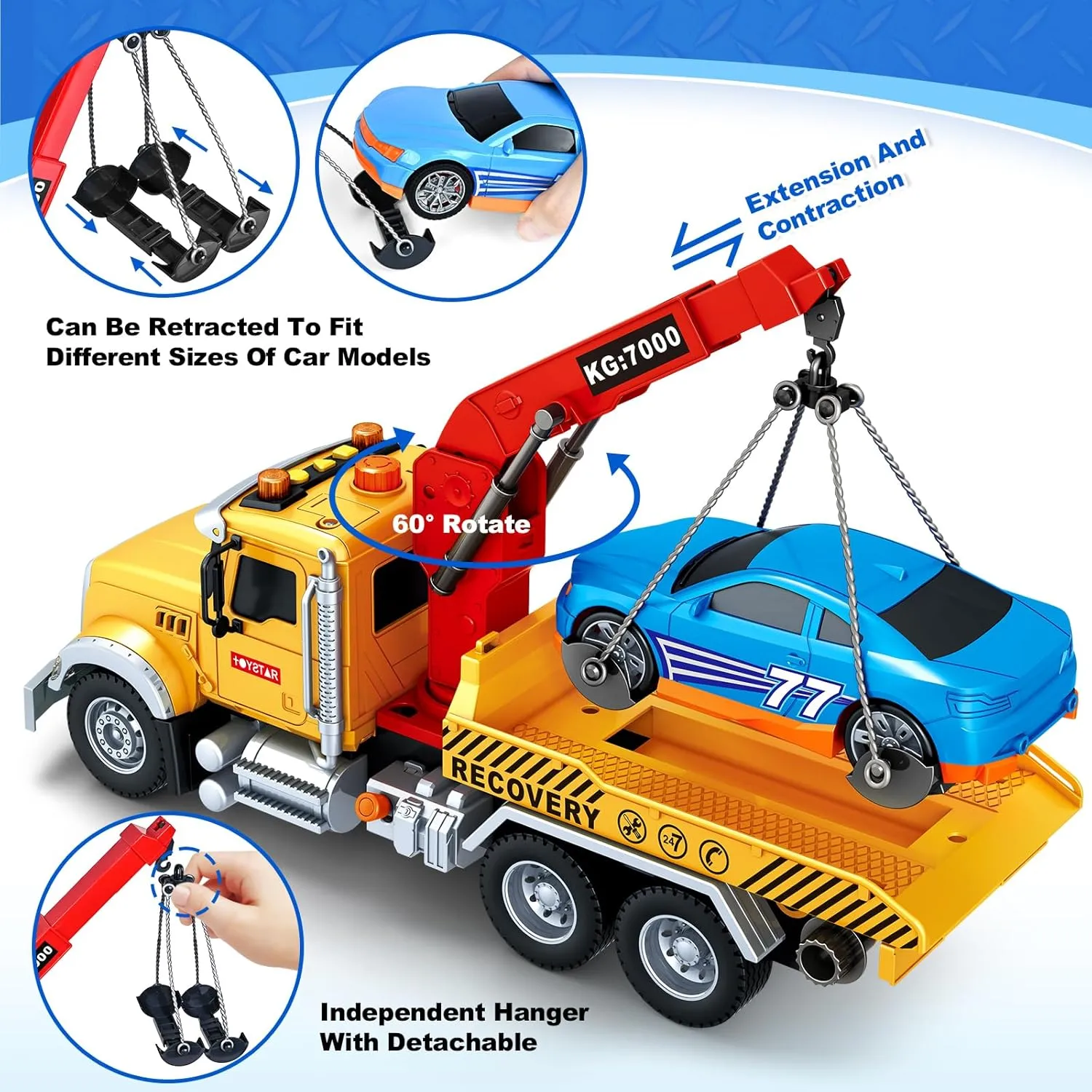 Kids Toys for 3 4 5 6 7 Years Old Boys, 15" Large Tow Truck Toy, Friction Powered Transport Truck Crane Vehicle Toy with Lights and Sounds, Racing Car, Traffic Signs, Birthday Gifts for Boys Girls