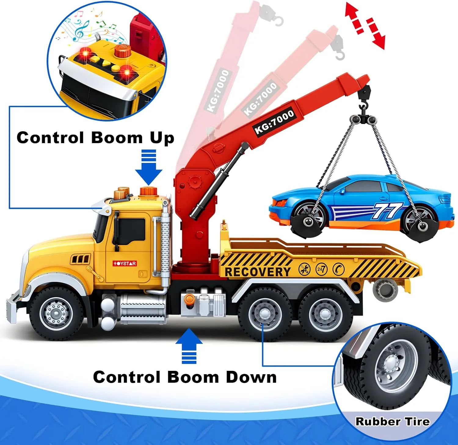 Kids Toys for 3 4 5 6 7 Years Old Boys, 15" Large Tow Truck Toy, Friction Powered Transport Truck Crane Vehicle Toy with Lights and Sounds, Racing Car, Traffic Signs, Birthday Gifts for Boys Girls