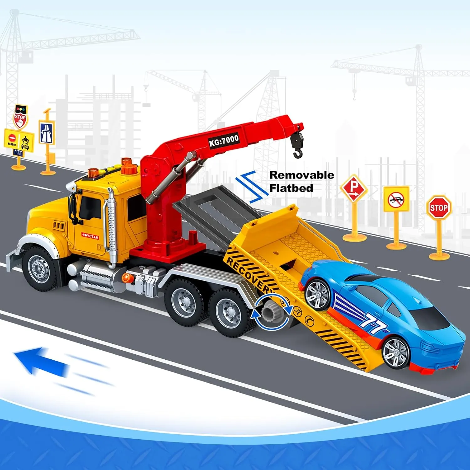 Kids Toys for 3 4 5 6 7 Years Old Boys, 15" Large Tow Truck Toy, Friction Powered Transport Truck Crane Vehicle Toy with Lights and Sounds, Racing Car, Traffic Signs, Birthday Gifts for Boys Girls