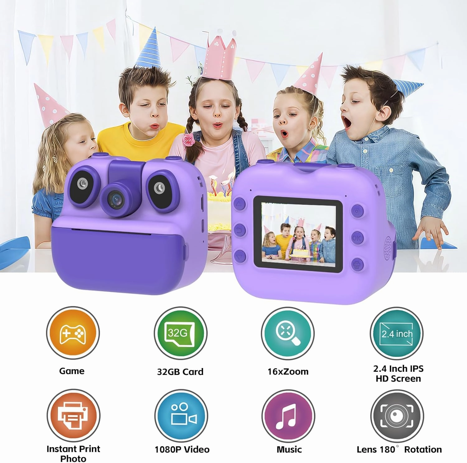 Kids Instant Print Camera, Holiday Birthday Gifts Portable Toys for 3-12 Years Old, Printable, Photo, Video, Game, Music with 32GB SD Card - Purple