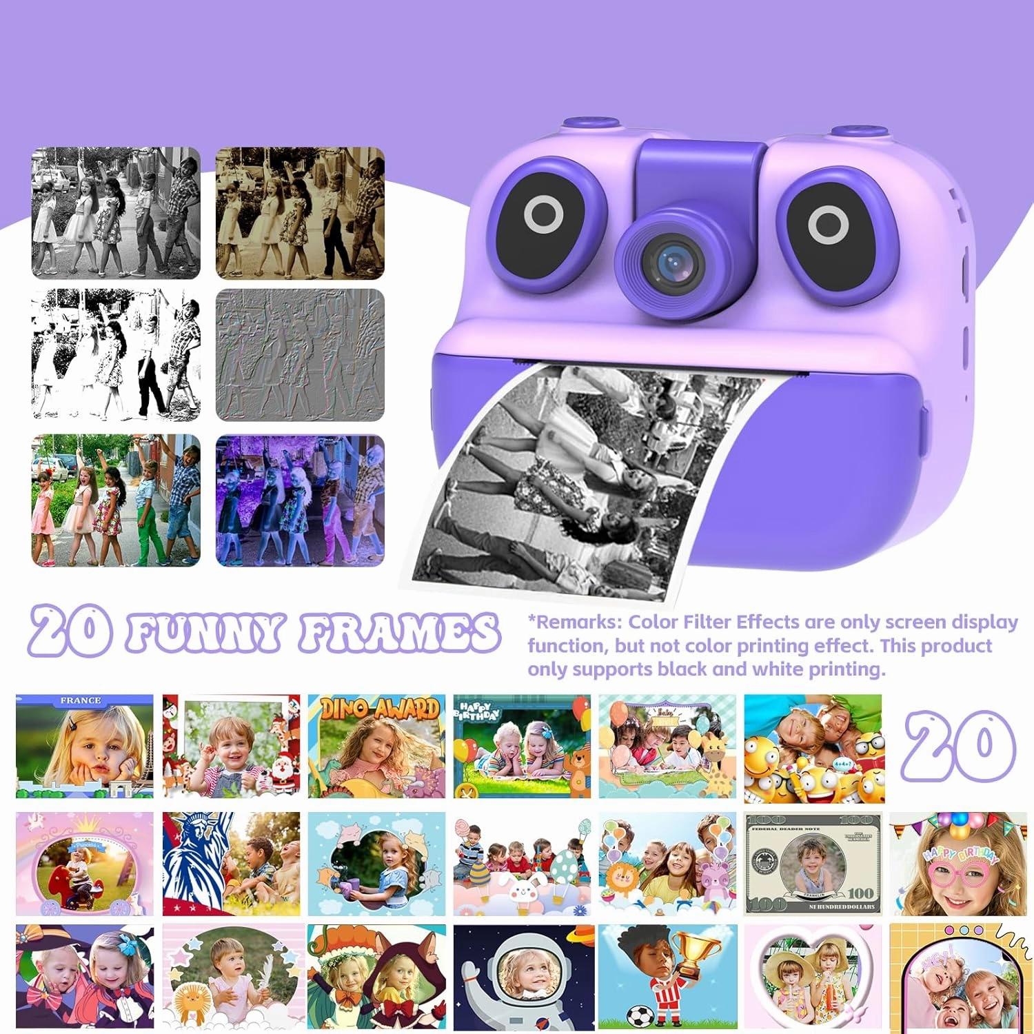 Kids Instant Print Camera, Holiday Birthday Gifts Portable Toys for 3-12 Years Old, Printable, Photo, Video, Game, Music with 32GB SD Card - Purple