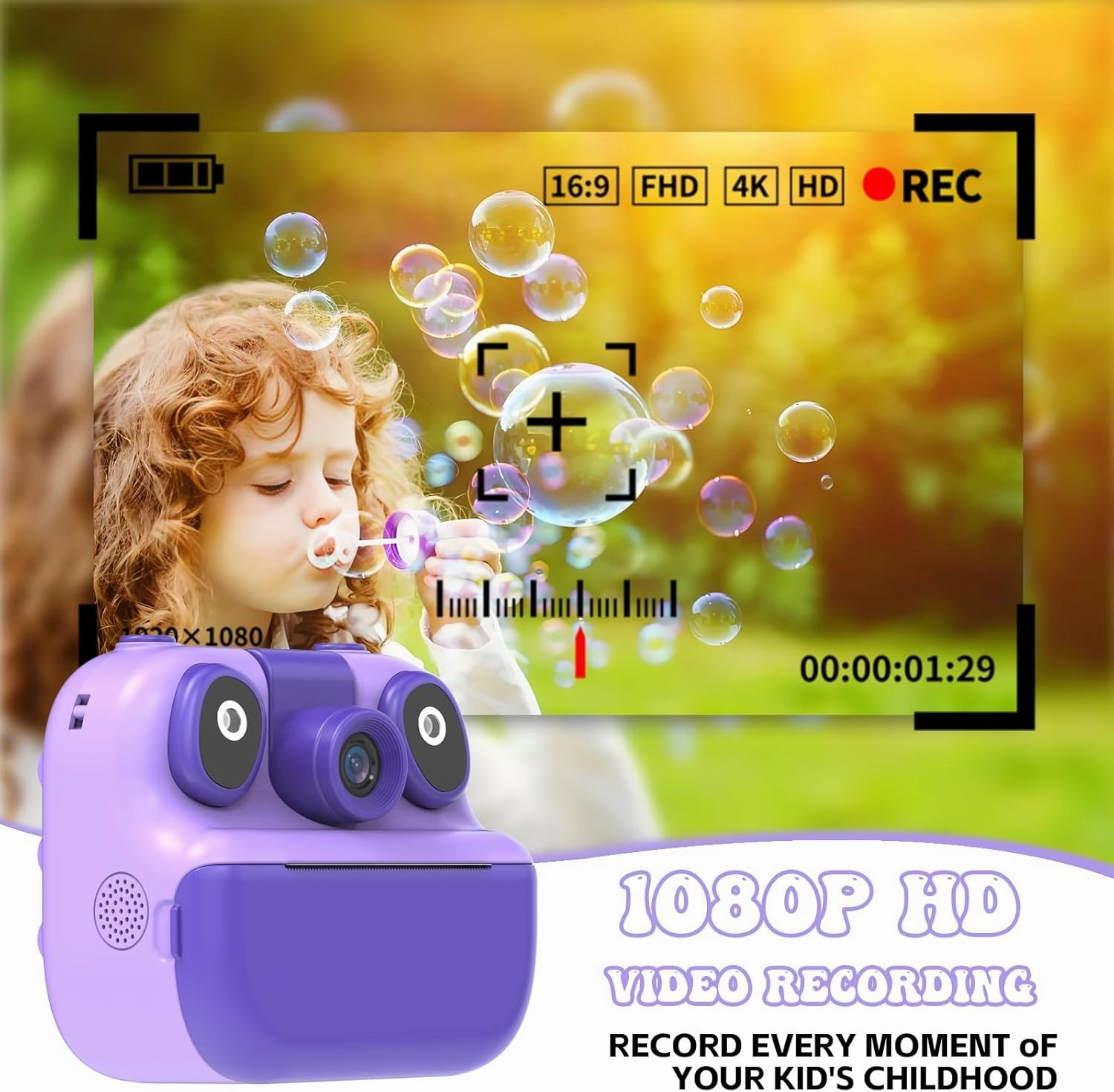 Kids Instant Print Camera, Holiday Birthday Gifts Portable Toys for 3-12 Years Old, Printable, Photo, Video, Game, Music with 32GB SD Card - Purple