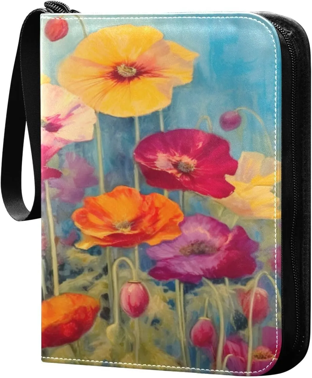 Kigai Trading Card Binder with 50 Sleeves, 400 Pockets PU Zipper Card Collection Binder 4-Pocket Portable Card Folder for Sports Cards, Game Cards (Colorful Flowers Blossom)