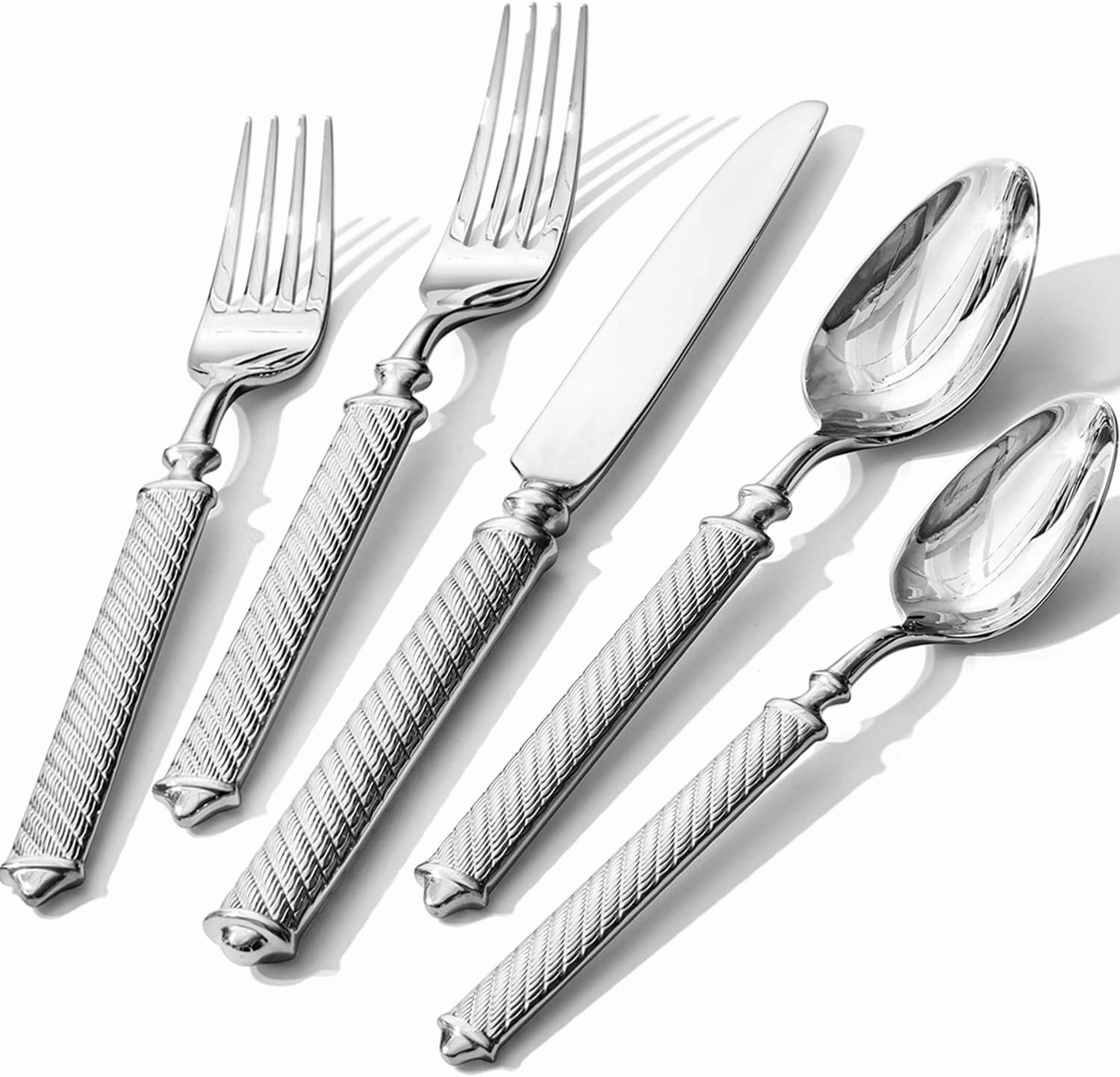 KINGSTONE Retro Rope-Pattern Silverware Set, 5-Piece Flatware Set Cutlery Set Forged with Handcrafted Texture Handles 18/10 Stainless Steel, Dishwasher Safe