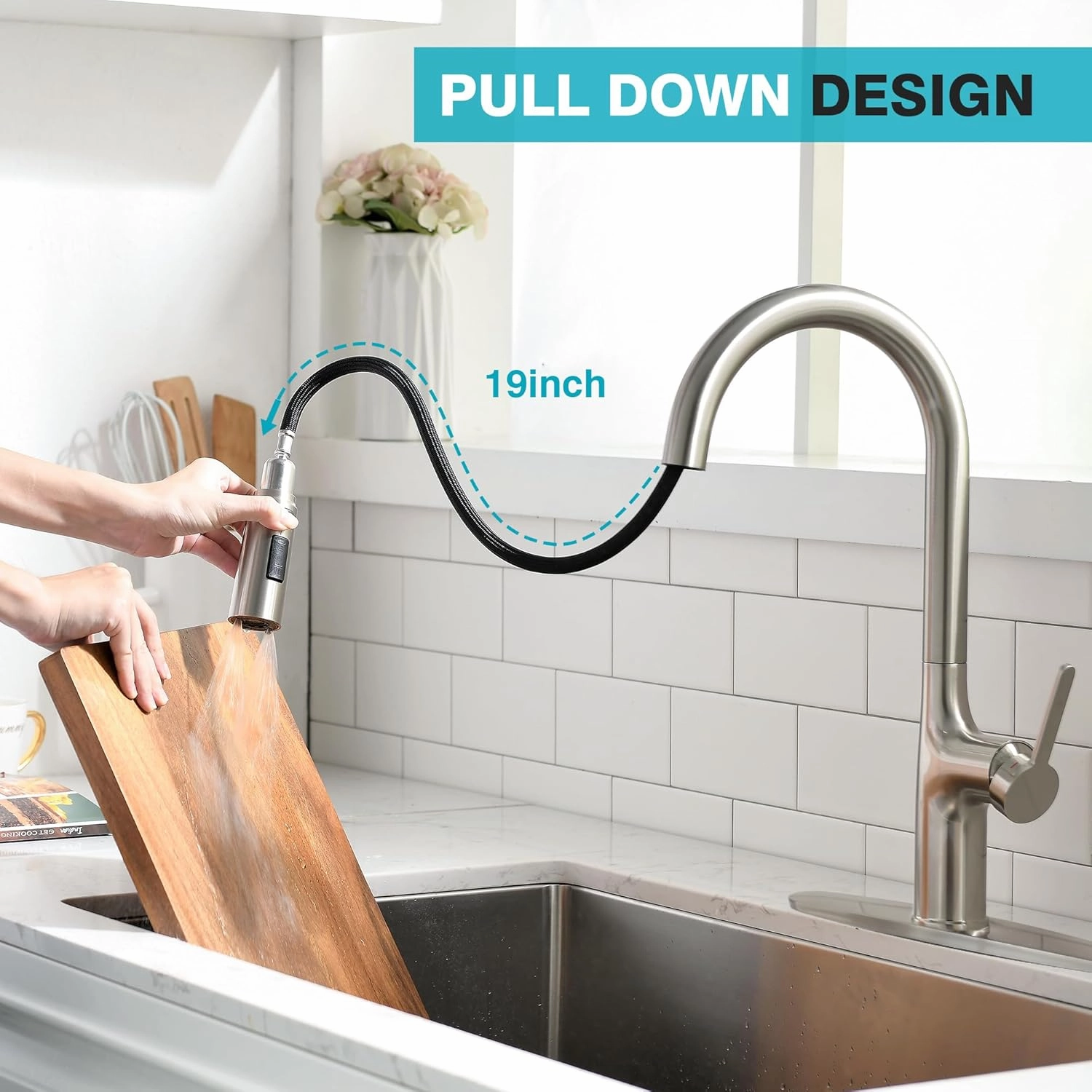 Kitchen Faucet, Brushed Nickel Kitchen Faucet with Pull Down Sprayer, High Arc Single Handle Stainless Steel Kitchen Sink Faucet 1 or 3 Hole, Bar Sink Faucet with 3 Modes Power Clean Deck Plate