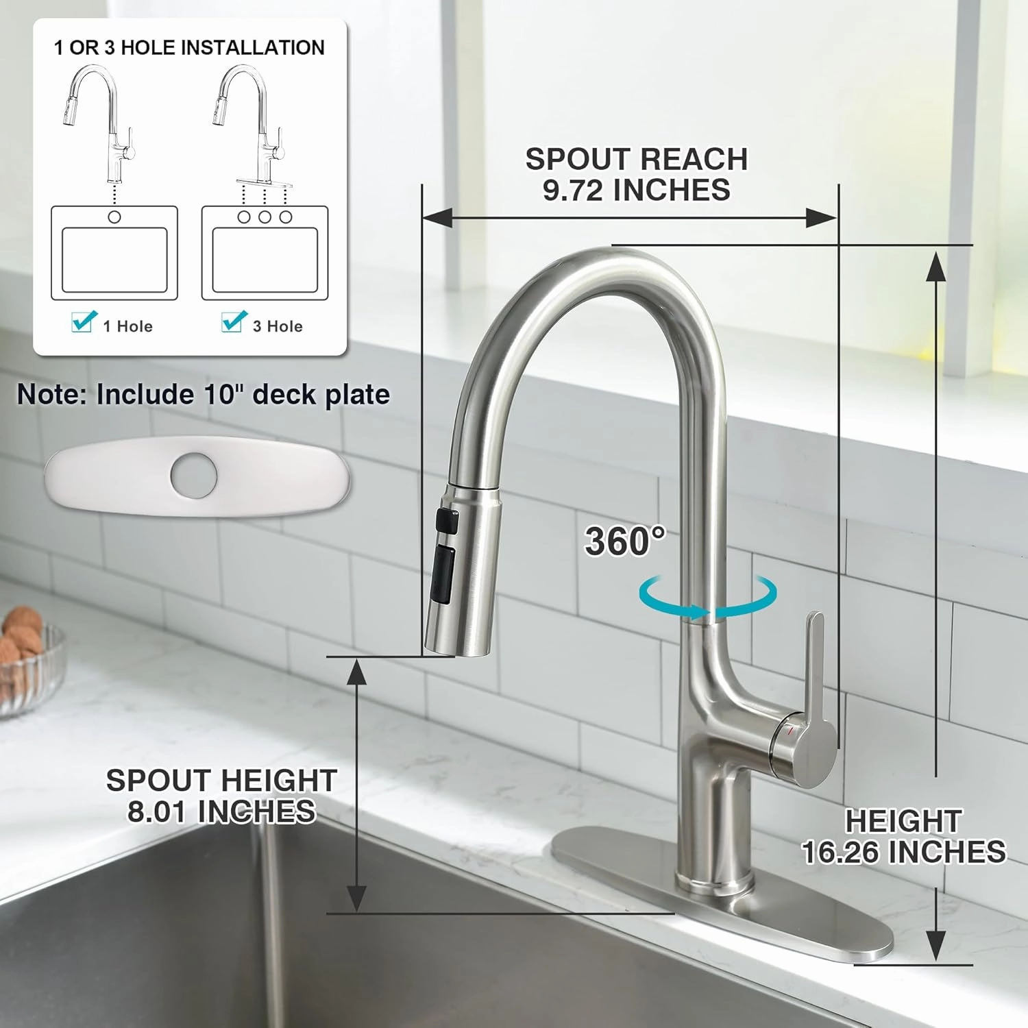 Kitchen Faucet, Brushed Nickel Kitchen Faucet with Pull Down Sprayer, High Arc Single Handle Stainless Steel Kitchen Sink Faucet 1 or 3 Hole, Bar Sink Faucet with 3 Modes Power Clean Deck Plate