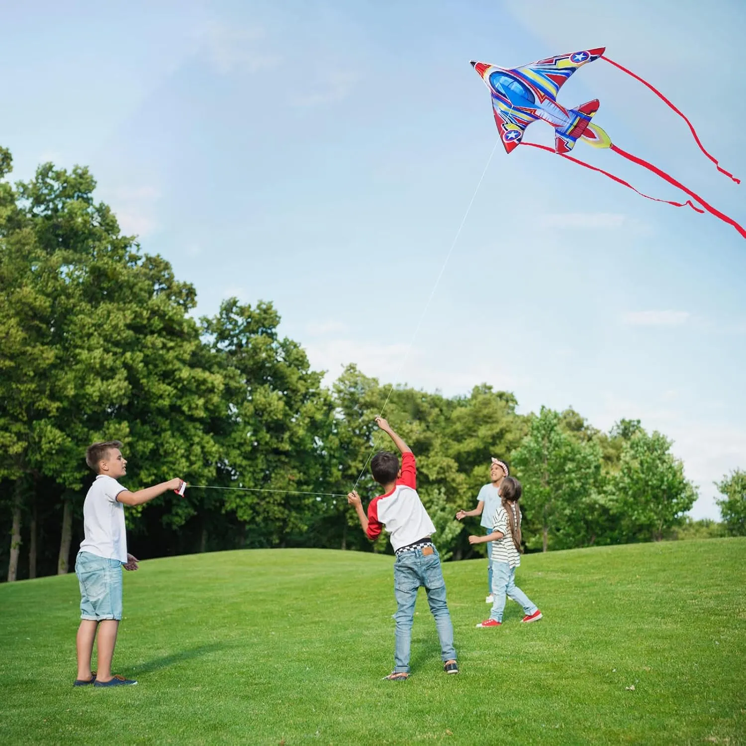 Kite Airplane Kite for Boys and Girls, Easy to Fly with Kites for Kids Ages 4-8, Beach Flying Kites for Outdoor Trip Park Family Game (Fighter Plane-Red)
