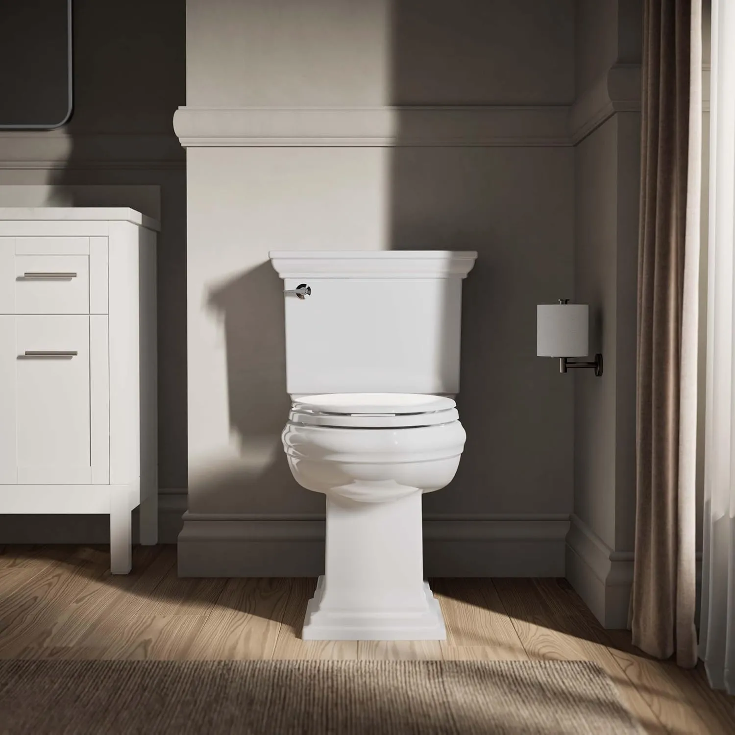 KOHLER Stonewood Quiet-Close Elongated Toilet Seat, Slow Close Design, Durable Wood, Easy Installation, Universal Fit, White Finish, K-20466-0