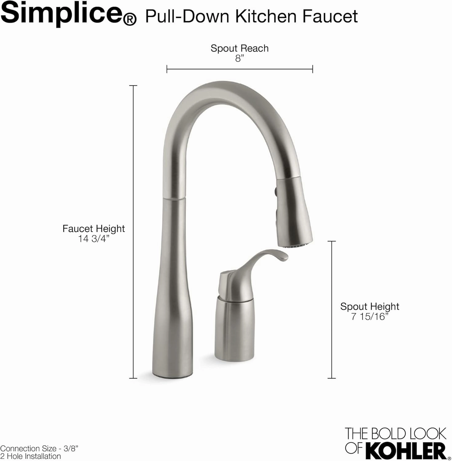 KOHLER 649-VS Simplice Pull-Down Bar Sink Faucet, Prep Sink Faucet, Kitchen Sink Faucet with Pull Down Sprayer, Vibrant Stainless