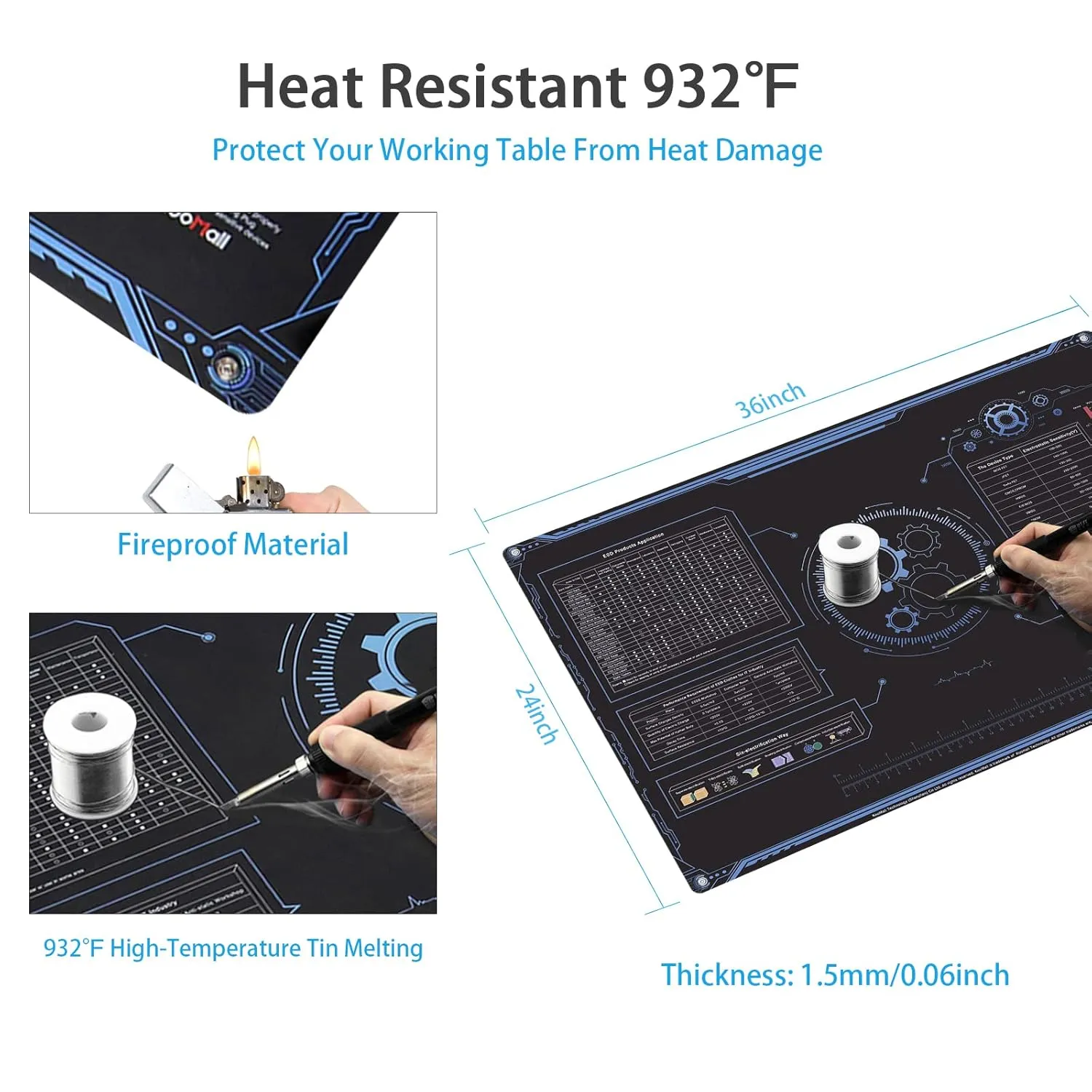KooMall 36x24 Inch Anti Static Rubber Mat Kit for ESD Sensitive Electronic Device Repair, Soldering, PC Building, Assembly, Table Work, With Grounding Plug Cord, Antistatic Wrist Strap, Heat Resistant