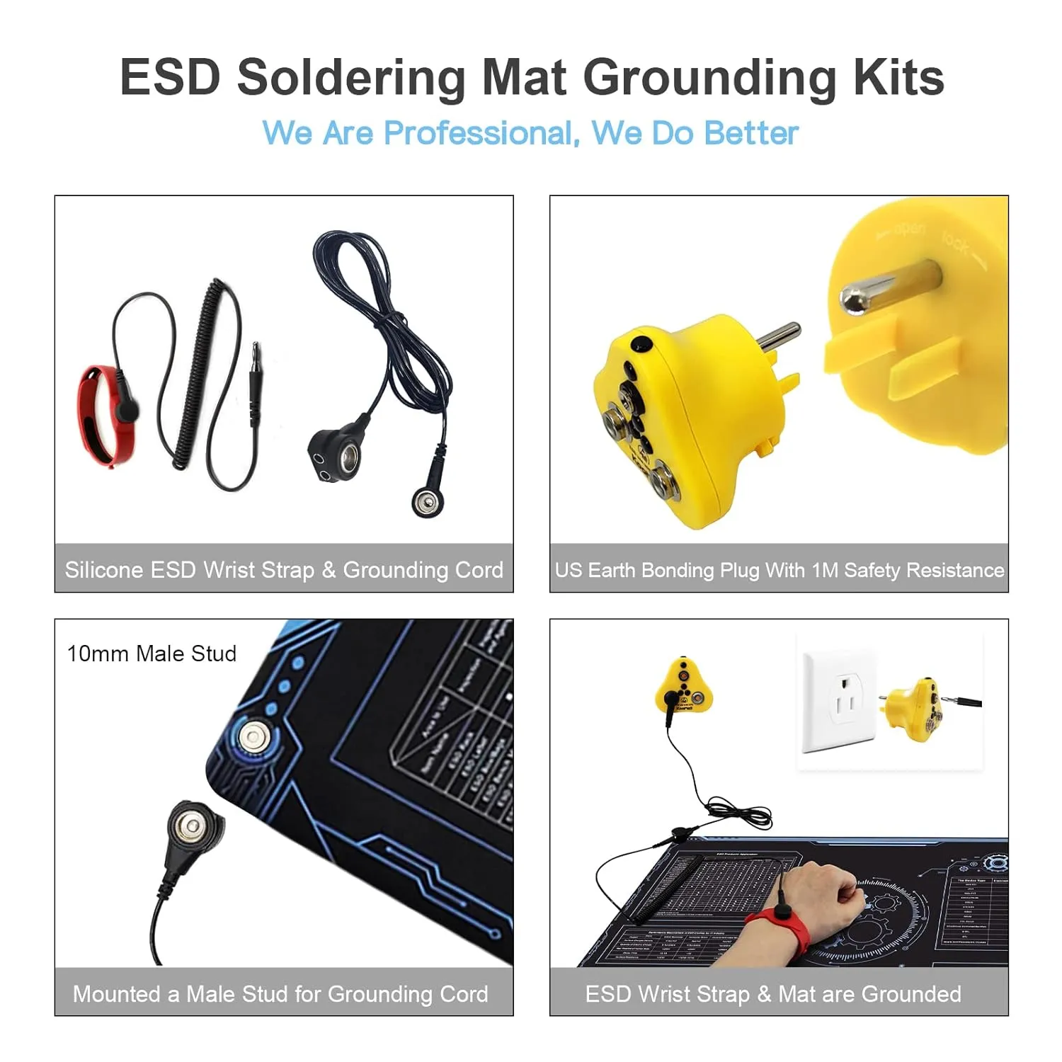 KooMall 36x24 Inch Anti Static Rubber Mat Kit for ESD Sensitive Electronic Device Repair, Soldering, PC Building, Assembly, Table Work, With Grounding Plug Cord, Antistatic Wrist Strap, Heat Resistant