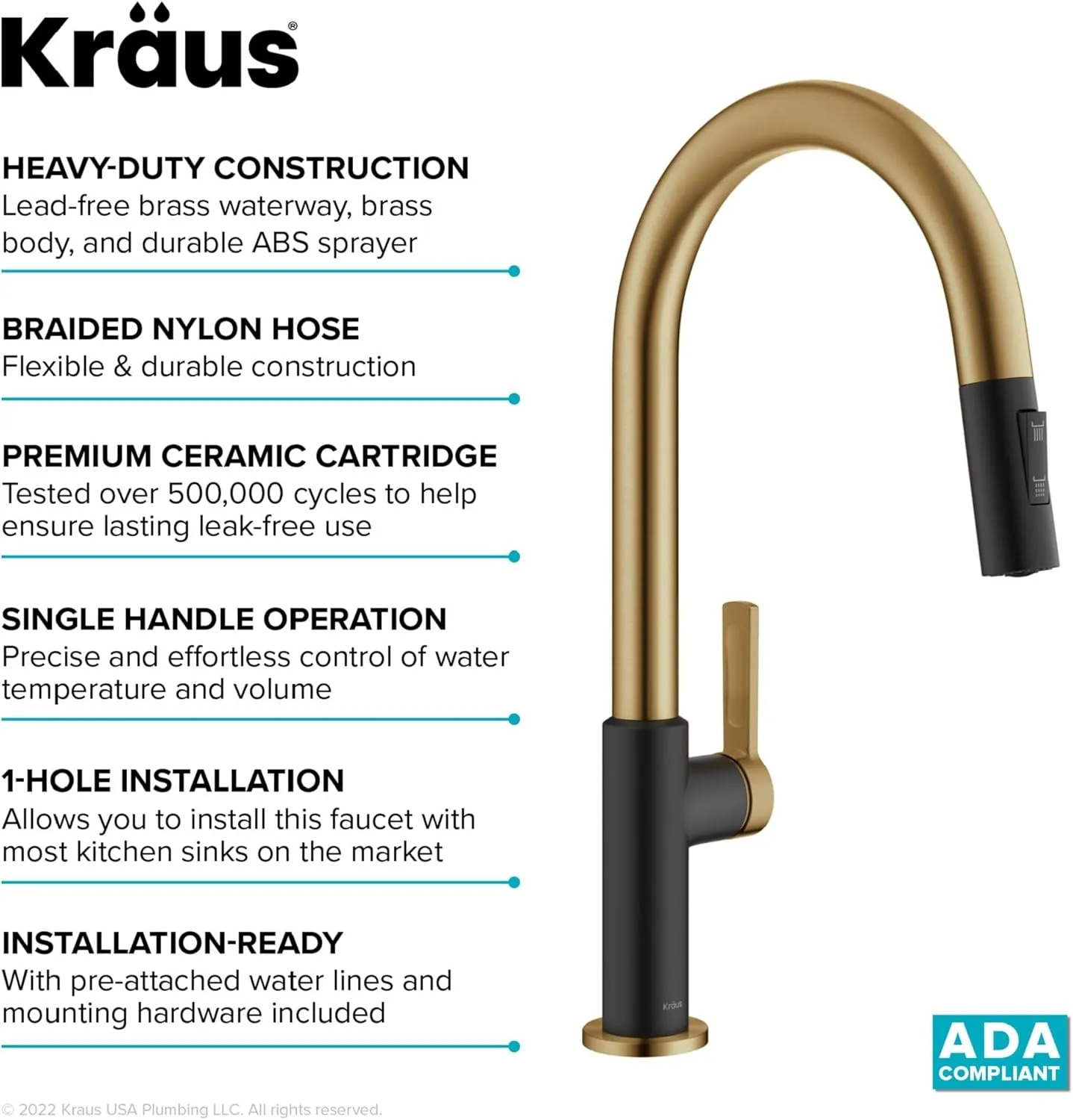 KRAUS Oletto High-Arc Single Handle Pull-Down Kitchen Sink Faucets in Brushed Brass/Matte Black, Kitchen Faucets with Pull Down Sprayer, KPF-2820BBMB