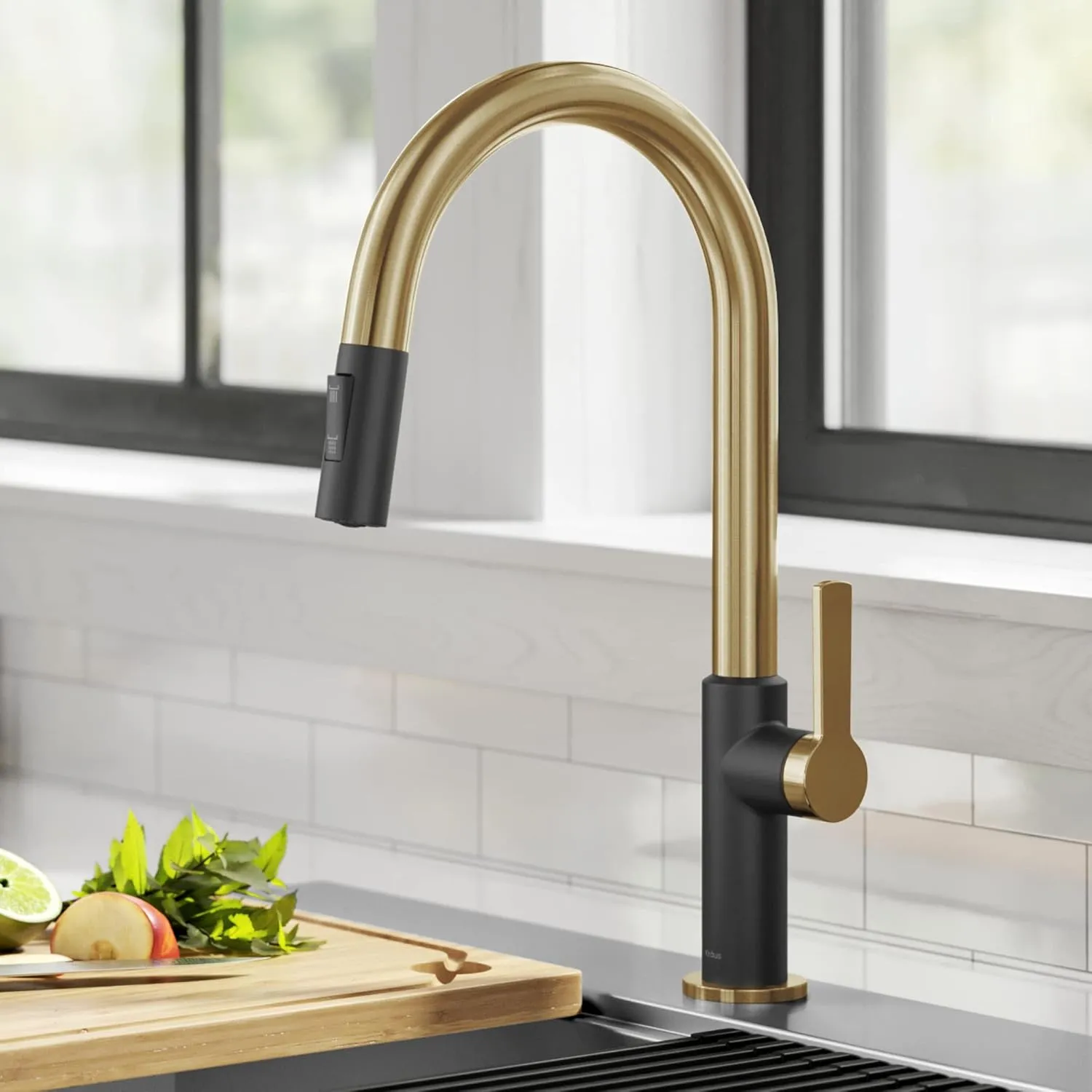 KRAUS Oletto High-Arc Single Handle Pull-Down Kitchen Sink Faucets in Brushed Brass/Matte Black, Kitchen Faucets with Pull Down Sprayer, KPF-2820BBMB