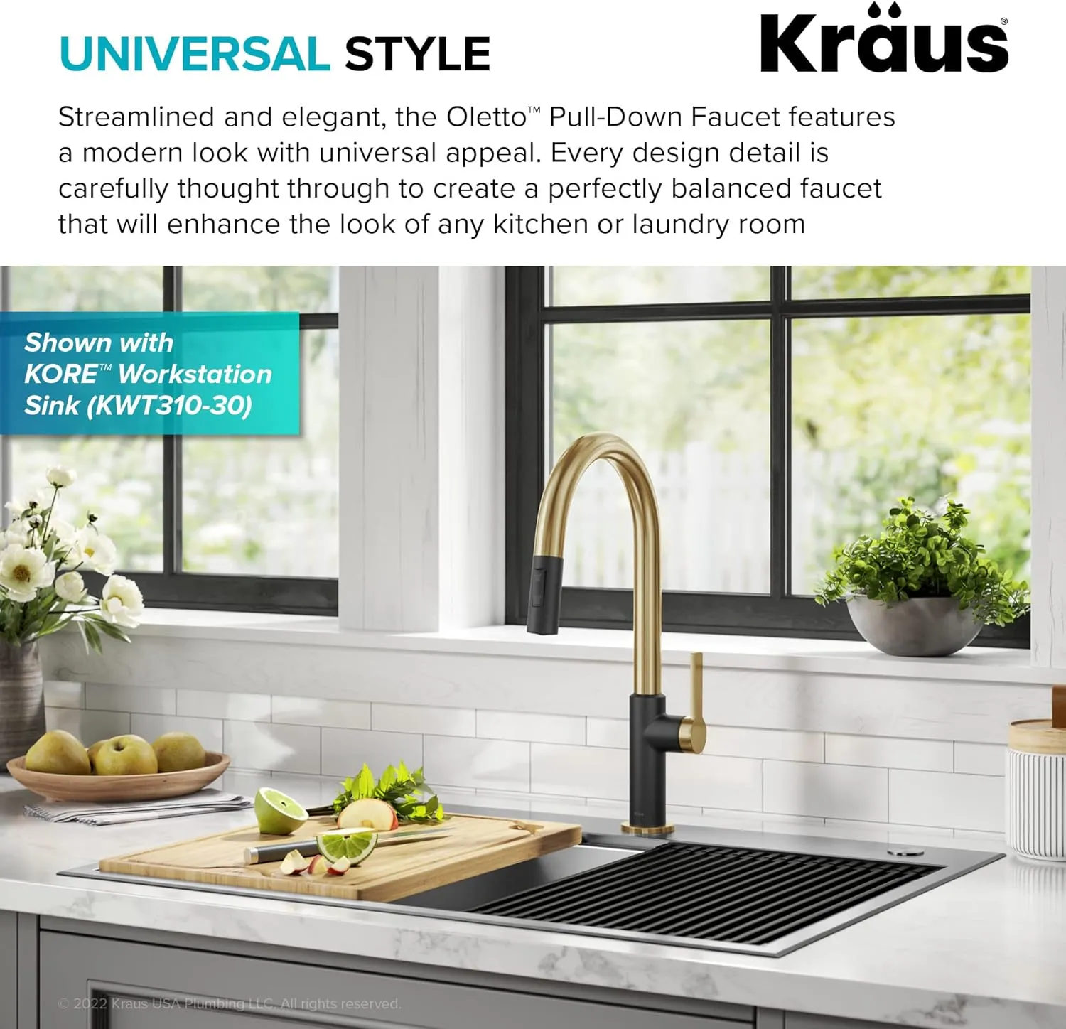 KRAUS Oletto High-Arc Single Handle Pull-Down Kitchen Sink Faucets in Brushed Brass/Matte Black, Kitchen Faucets with Pull Down Sprayer, KPF-2820BBMB