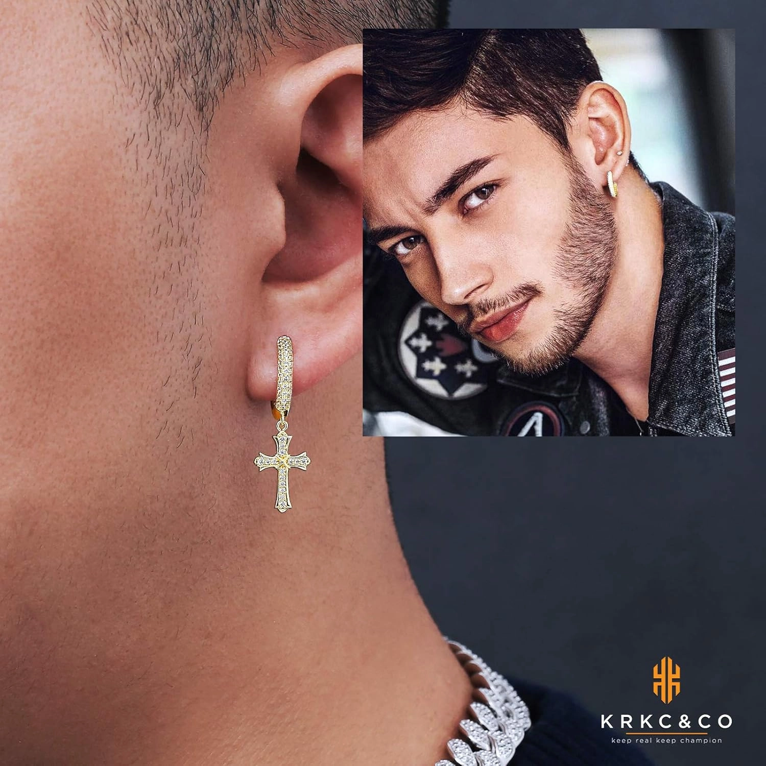 KRKC&CO Cross Earrings for Men, Sterling Silver Dangle Earring, Hypoallergenic 15mm Round Hoop Hinged Hanging Studs, Gift for Him, 𝐅𝐚𝐭𝐡𝐞𝐫𝐬 𝐃𝐚𝐲 𝐆𝐢𝐟𝐭 𝐟𝐨𝐫 𝐃𝐚𝐝