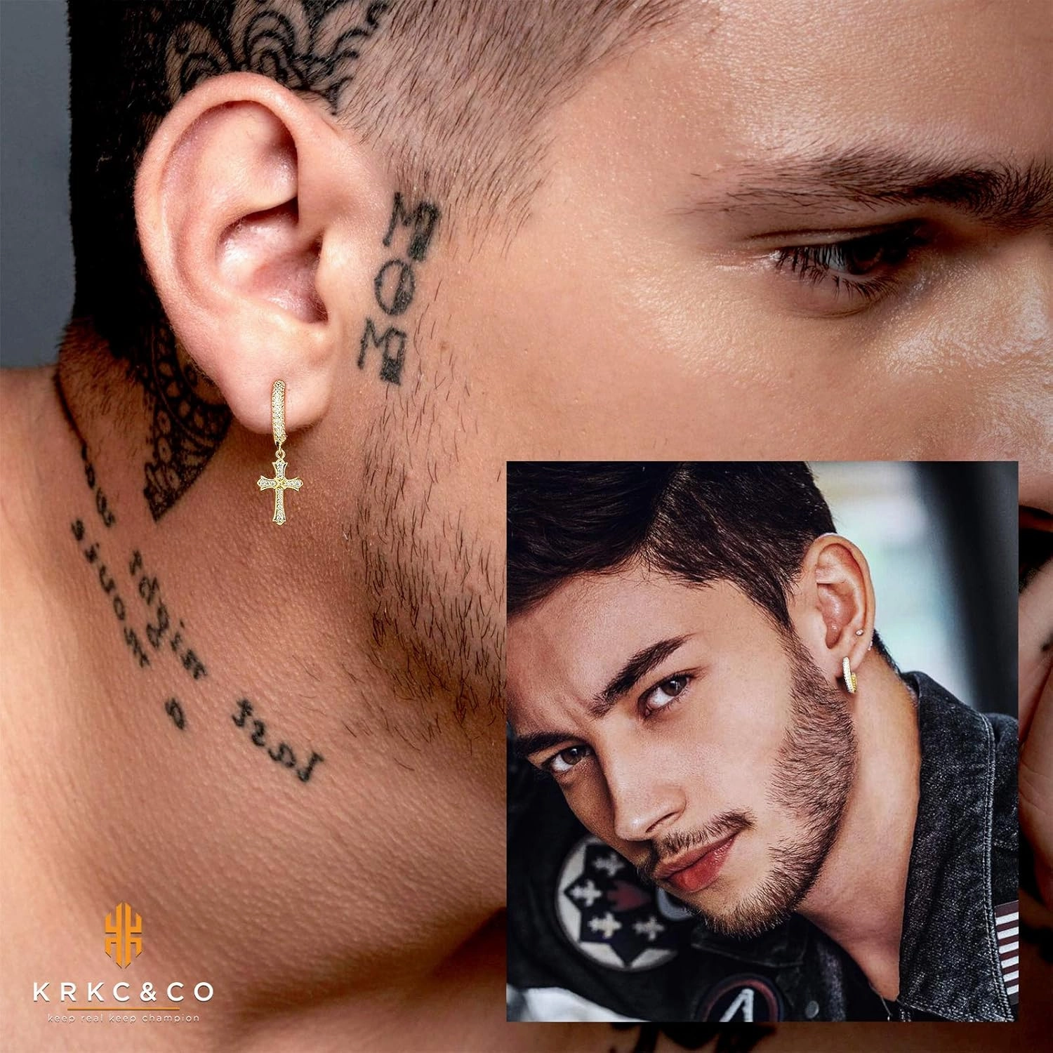 KRKC&CO Cross Earrings for Men, Sterling Silver Dangle Earring, Hypoallergenic 15mm Round Hoop Hinged Hanging Studs, Gift for Him, 𝐅𝐚𝐭𝐡𝐞𝐫𝐬 𝐃𝐚𝐲 𝐆𝐢𝐟𝐭 𝐟𝐨𝐫 𝐃𝐚𝐝