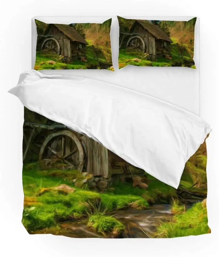 Kuizee 3 Piece Bedding Set Duvet Cover Set ﻿Oil Painting Green Mountain Forest Cabin Stream Nature All Season Decorative Breathable Ultra Soft Comfortable Durable Twin