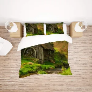 Kuizee 3 Piece Bedding Set Duvet Cover Set ﻿Oil Painting Green Mountain Forest Cabin Stream Nature All Season Decorative Breathable Ultra Soft Comfortable Durable Twin