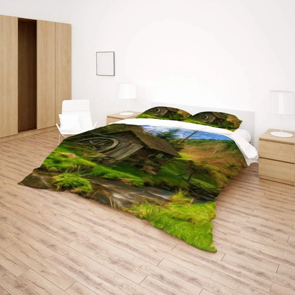Kuizee 3 Piece Bedding Set Duvet Cover Set ﻿Oil Painting Green Mountain Forest Cabin Stream Nature All Season Decorative Breathable Ultra Soft Comfortable Durable Twin