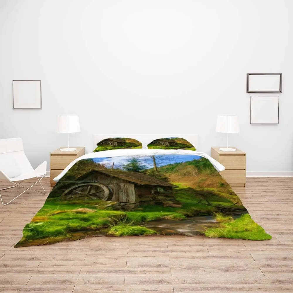 Kuizee 3 Piece Bedding Set Duvet Cover Set ﻿Oil Painting Green Mountain Forest Cabin Stream Nature All Season Decorative Breathable Ultra Soft Comfortable Durable Twin