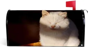 Kuizee Mailbox Covers Magnetic ﻿Sleepy White Cat Cute Mailbox Wraps Post Letter Box Cover Large Size 25.5×21 Inch